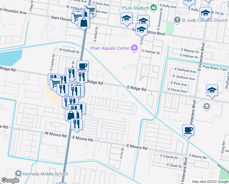 map of restaurants, bars, coffee shops, grocery stores, and more near 1302 South Ebony Street in Pharr