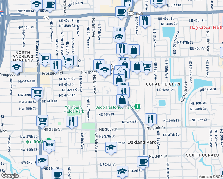 map of restaurants, bars, coffee shops, grocery stores, and more near 798 Northeast 43rd Street in Oakland Park