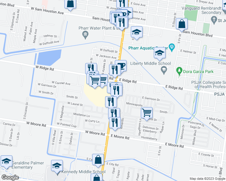map of restaurants, bars, coffee shops, grocery stores, and more near 1406 South Cage Boulevard in Pharr