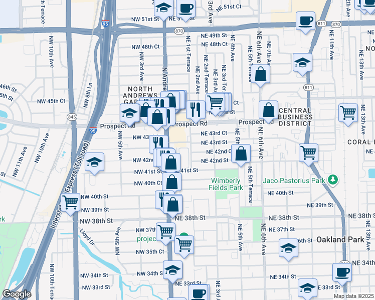 map of restaurants, bars, coffee shops, grocery stores, and more near 4301 Northeast 1st Terrace in Oakland Park