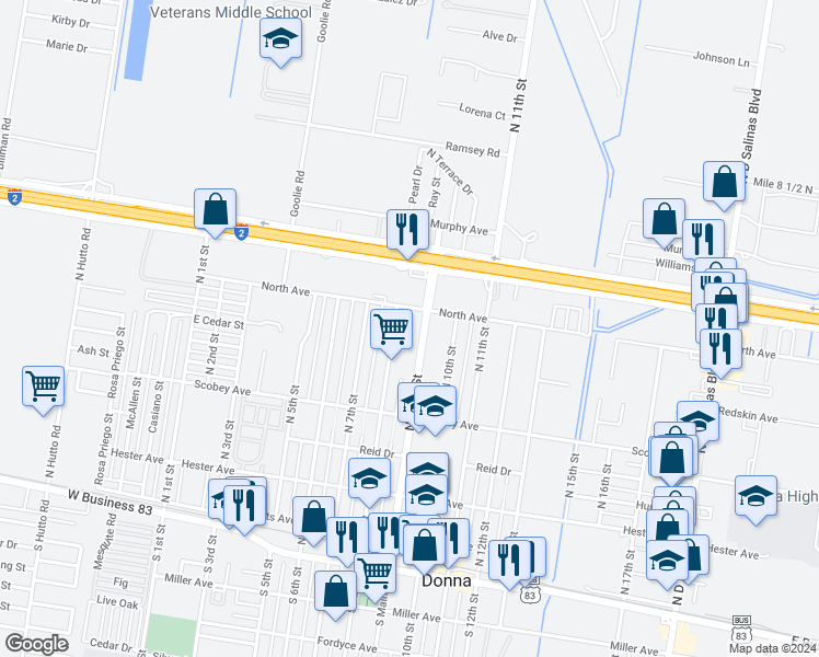 map of restaurants, bars, coffee shops, grocery stores, and more near 519 North Main Street in Donna