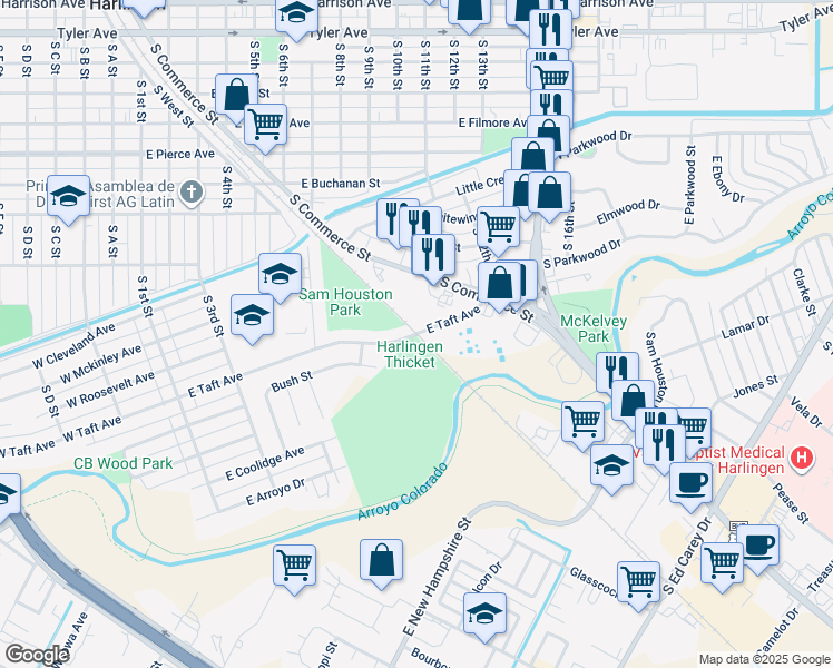 map of restaurants, bars, coffee shops, grocery stores, and more near 926 East Taft Avenue in Harlingen