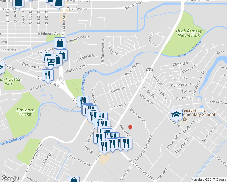 map of restaurants, bars, coffee shops, grocery stores, and more near 1631 Murrah Street in Harlingen