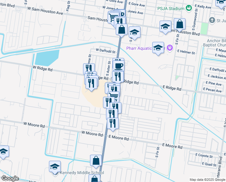 map of restaurants, bars, coffee shops, grocery stores, and more near 1406 South Cage Boulevard in Pharr