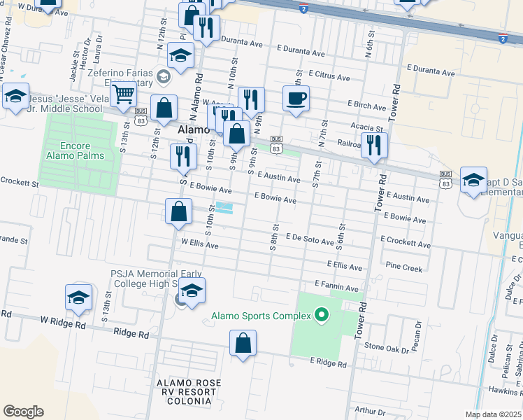 map of restaurants, bars, coffee shops, grocery stores, and more near 811 East Bowie Avenue in Alamo