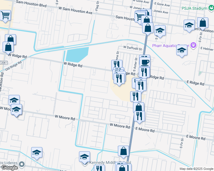 map of restaurants, bars, coffee shops, grocery stores, and more near 401-991 West Ridge Road in Pharr