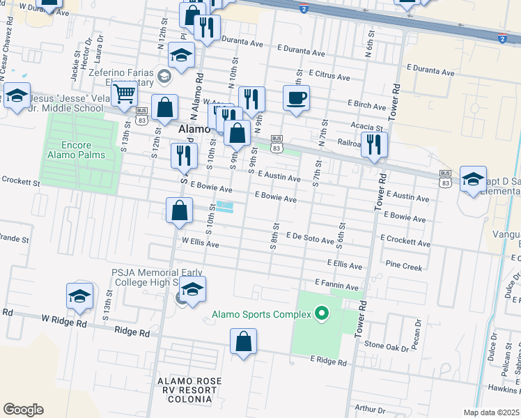 map of restaurants, bars, coffee shops, grocery stores, and more near 811 East Bowie Avenue in Alamo