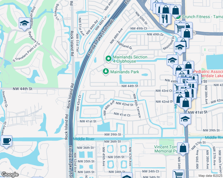 map of restaurants, bars, coffee shops, grocery stores, and more near 4632 Northwest 44th Street in Tamarac