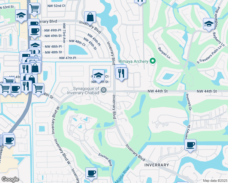 map of restaurants, bars, coffee shops, grocery stores, and more near NW 44th St & Inverrary Blvd in Lauderhill