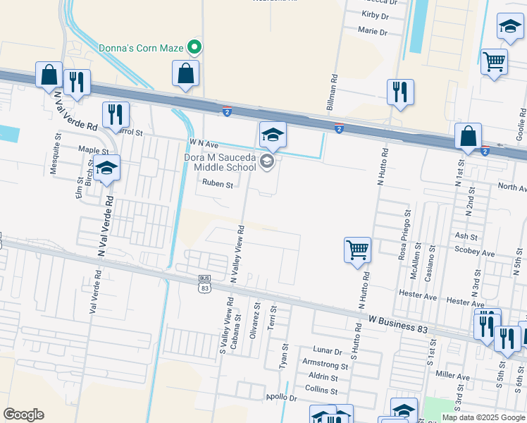 map of restaurants, bars, coffee shops, grocery stores, and more near 316 N Valley View Rd in Donna