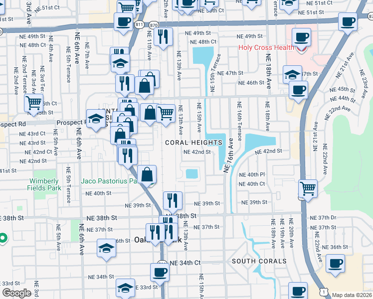 map of restaurants, bars, coffee shops, grocery stores, and more near 1311 Northeast 42nd Street in Oakland Park