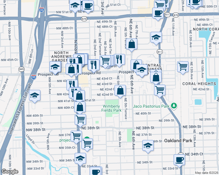 map of restaurants, bars, coffee shops, grocery stores, and more near 330 Northeast 43rd Street in Oakland Park