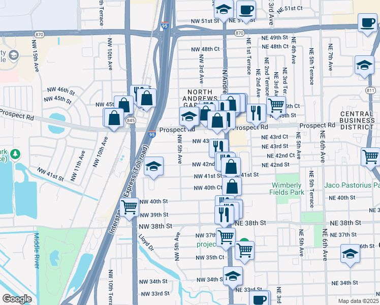 map of restaurants, bars, coffee shops, grocery stores, and more near 321 Northwest 43rd Street in Oakland Park