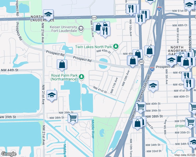 map of restaurants, bars, coffee shops, grocery stores, and more near 1300 Northwest 42nd Street in Oakland Park