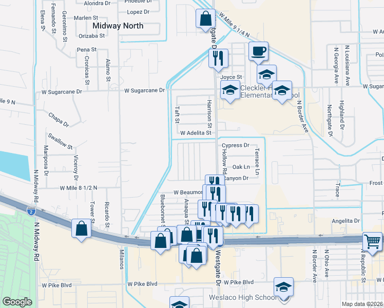 map of restaurants, bars, coffee shops, grocery stores, and more near 2005 Harrison Street in Weslaco