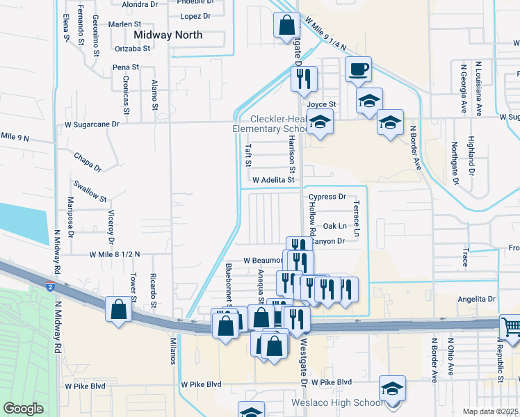map of restaurants, bars, coffee shops, grocery stores, and more near 2000 Taft Street in Weslaco