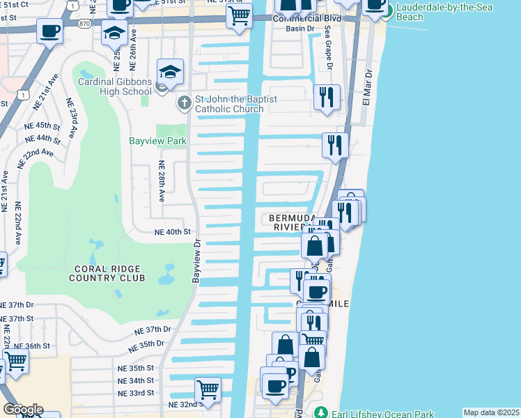 map of restaurants, bars, coffee shops, grocery stores, and more near 23 Fort Royal Isle in Fort Lauderdale