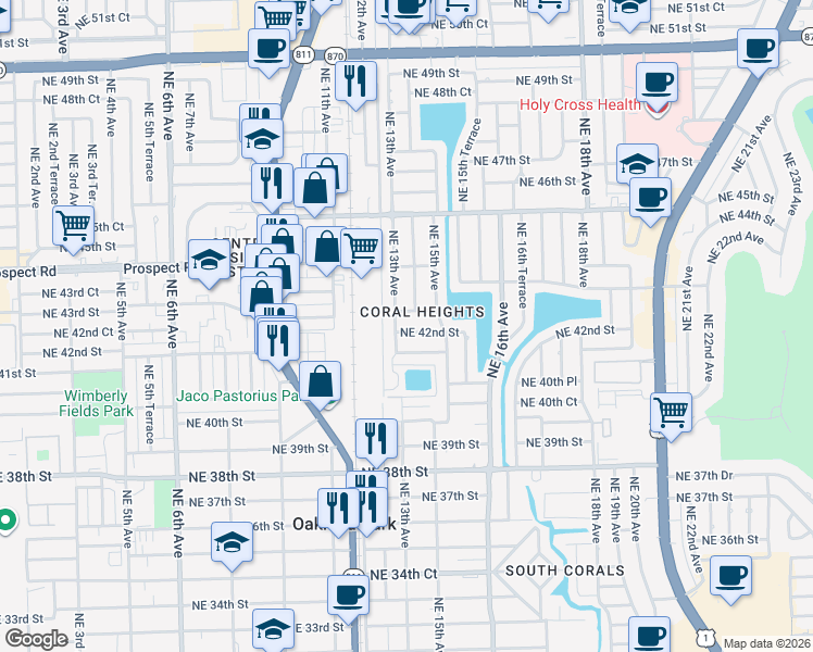 map of restaurants, bars, coffee shops, grocery stores, and more near 1311 Northeast 42nd Street in Oakland Park