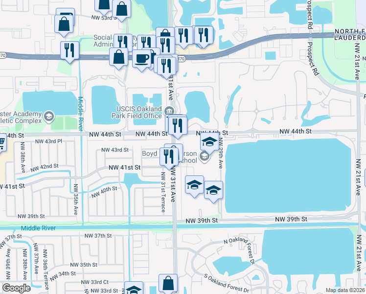 map of restaurants, bars, coffee shops, grocery stores, and more near 4400 Northwest 31st Avenue in Oakland Park