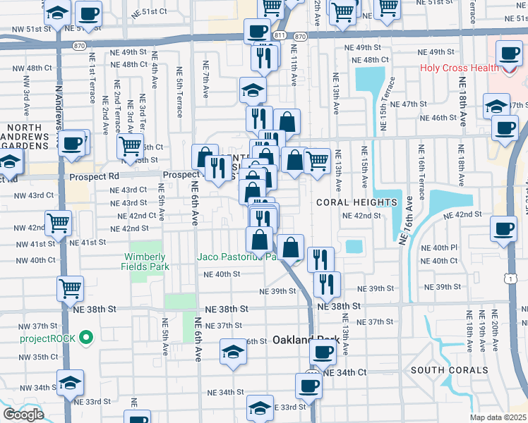 map of restaurants, bars, coffee shops, grocery stores, and more near 4250 North Dixie Highway in Oakland Park