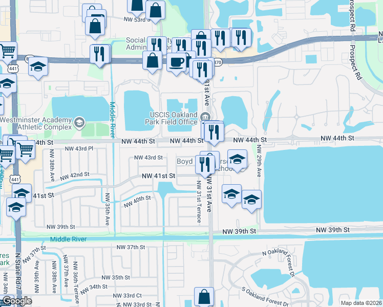 map of restaurants, bars, coffee shops, grocery stores, and more near 3131 Northwest 43rd Street in Lauderdale Lakes