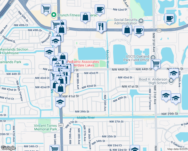 map of restaurants, bars, coffee shops, grocery stores, and more near 4361 Northwest 36th Avenue in Lauderdale Lakes