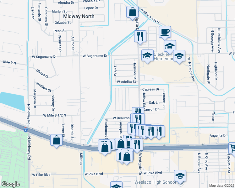 map of restaurants, bars, coffee shops, grocery stores, and more near 2000 Taft Street in Weslaco