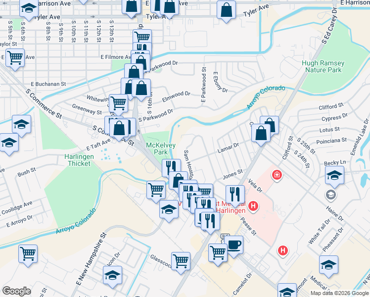 map of restaurants, bars, coffee shops, grocery stores, and more near 1620 Sam Houston Drive in Harlingen