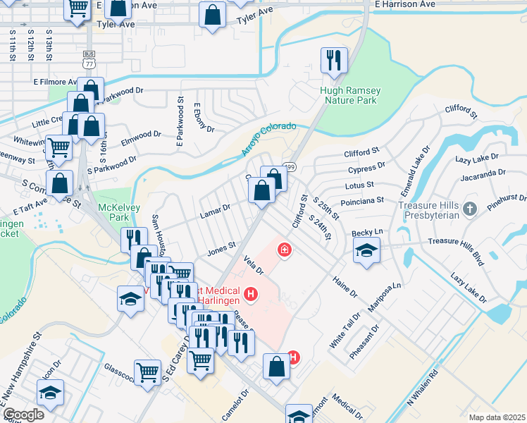 map of restaurants, bars, coffee shops, grocery stores, and more near 2402 South Ed Carey Drive in Harlingen