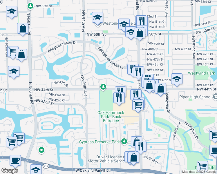 map of restaurants, bars, coffee shops, grocery stores, and more near 9208 Northwest 44th Court in Sunrise