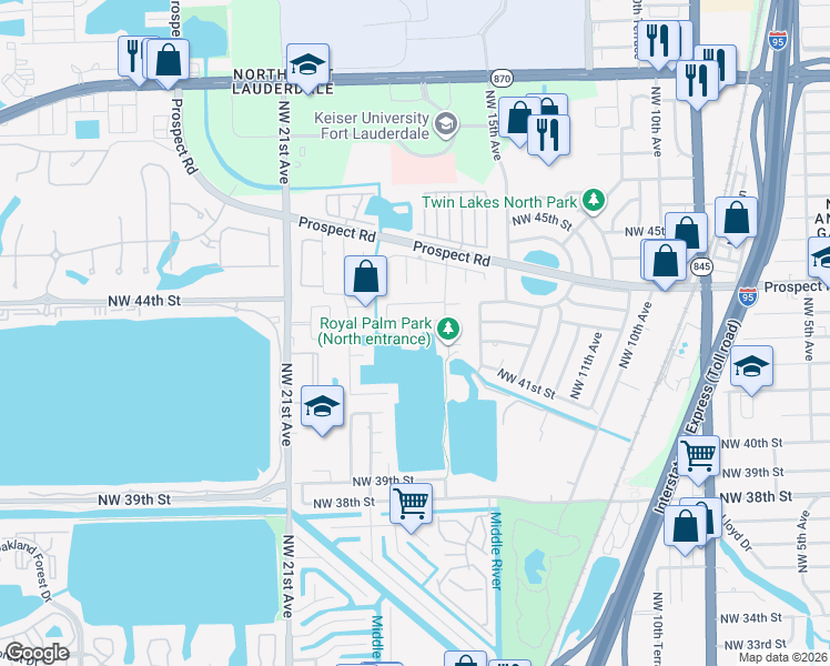 map of restaurants, bars, coffee shops, grocery stores, and more near 4180 Northwest 18th Avenue in Oakland Park