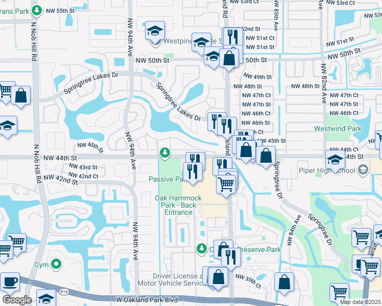 map of restaurants, bars, coffee shops, grocery stores, and more near 9104 Northwest 44th Court in Sunrise