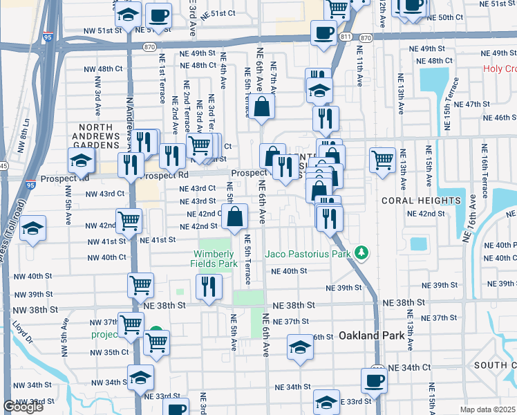 map of restaurants, bars, coffee shops, grocery stores, and more near 4251 Northeast 6th Avenue in Oakland Park