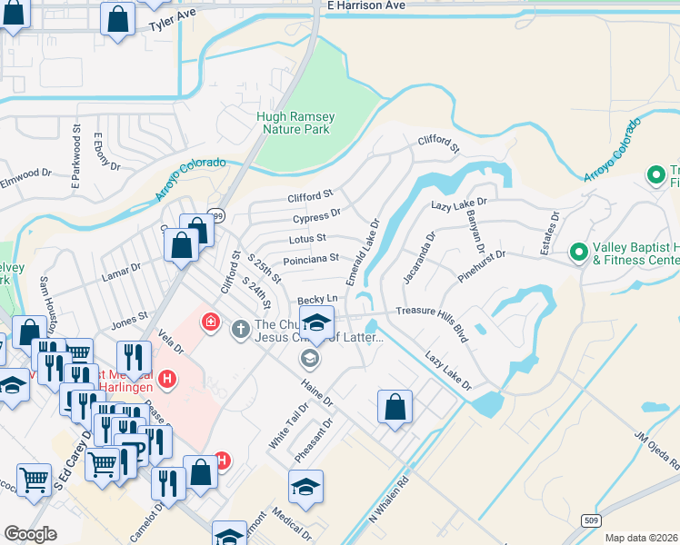map of restaurants, bars, coffee shops, grocery stores, and more near 2817 Ted Circle in Harlingen