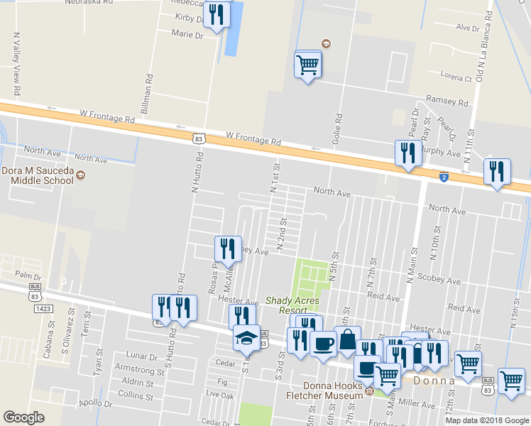 map of restaurants, bars, coffee shops, grocery stores, and more near 511 North 1st Street in Donna