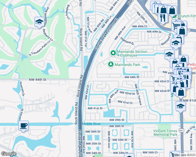 map of restaurants, bars, coffee shops, grocery stores, and more near 4722 Northwest 44th Street in Tamarac