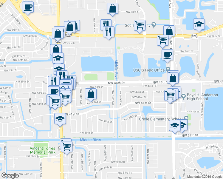 map of restaurants, bars, coffee shops, grocery stores, and more near 4361 Northwest 35th Avenue in Fort Lauderdale