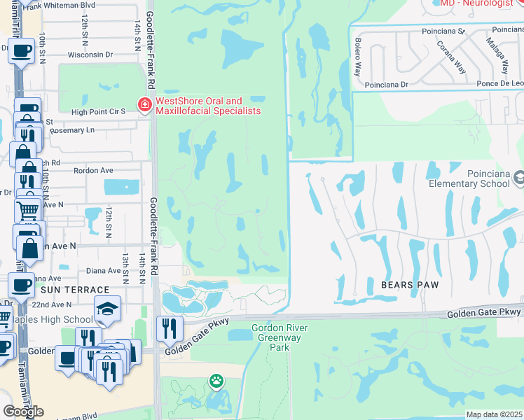 map of restaurants, bars, coffee shops, grocery stores, and more near 100 Wilderness Way in Naples