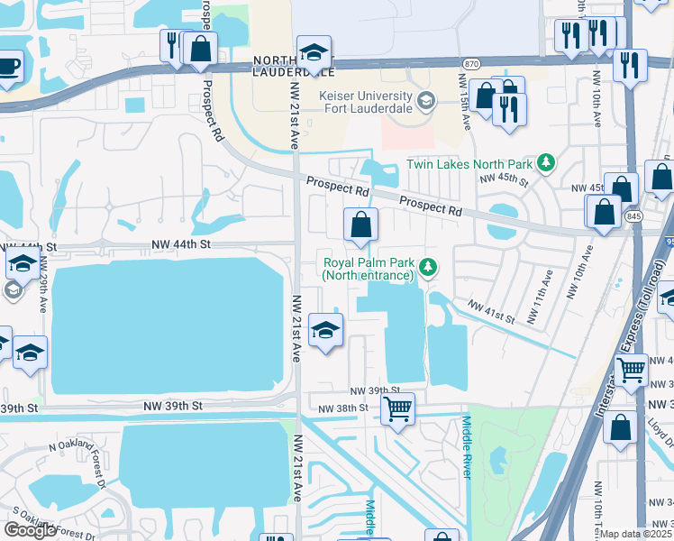 map of restaurants, bars, coffee shops, grocery stores, and more near 4280 Northwest 19th Avenue in Oakland Park
