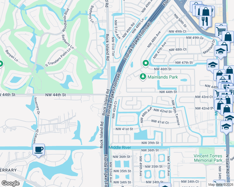 map of restaurants, bars, coffee shops, grocery stores, and more near 4401 Northwest 48th Terrace in Tamarac