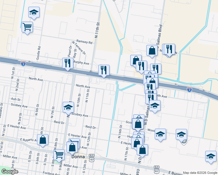 map of restaurants, bars, coffee shops, grocery stores, and more near 603 Monterrey Drive in Donna