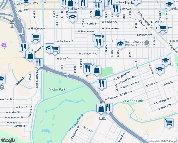 map of restaurants, bars, coffee shops, grocery stores, and more near 1409 S H St in Harlingen