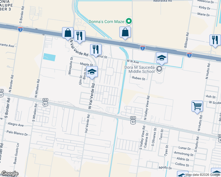 map of restaurants, bars, coffee shops, grocery stores, and more near 324-346 Sabel Palm Drive in Donna