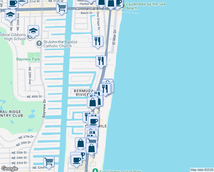 map of restaurants, bars, coffee shops, grocery stores, and more near 4240 Galt Ocean Drive in Fort Lauderdale