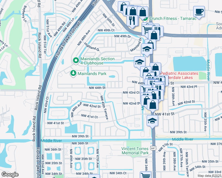 map of restaurants, bars, coffee shops, grocery stores, and more near 4406 Northwest 44th Street in Tamarac