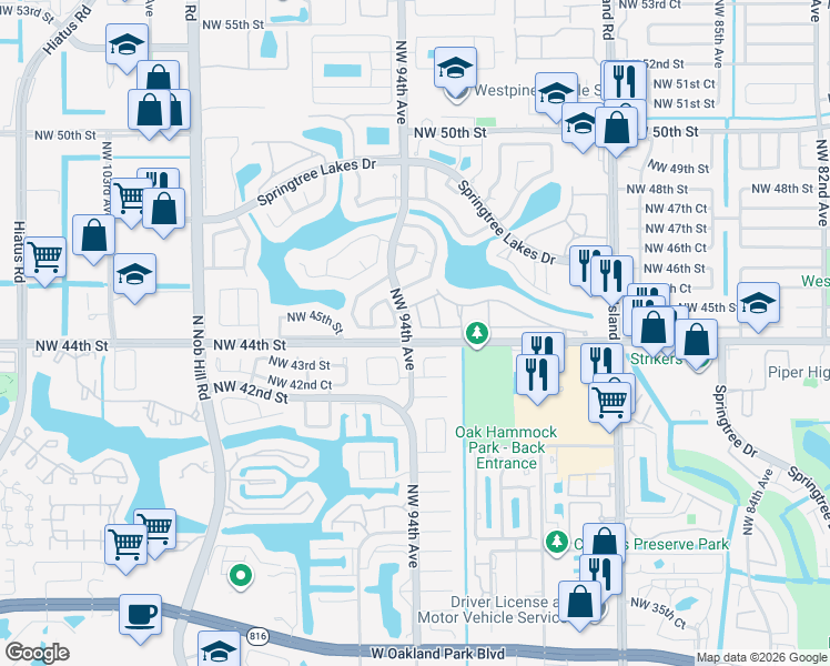 map of restaurants, bars, coffee shops, grocery stores, and more near 4431 Northwest 93rd Way in Sunrise
