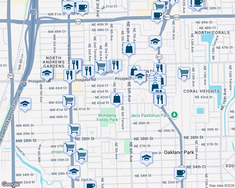 map of restaurants, bars, coffee shops, grocery stores, and more near 4250 Northeast 5th Avenue in Oakland Park