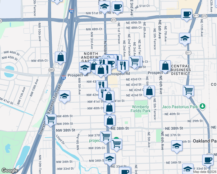 map of restaurants, bars, coffee shops, grocery stores, and more near in Oakland Park