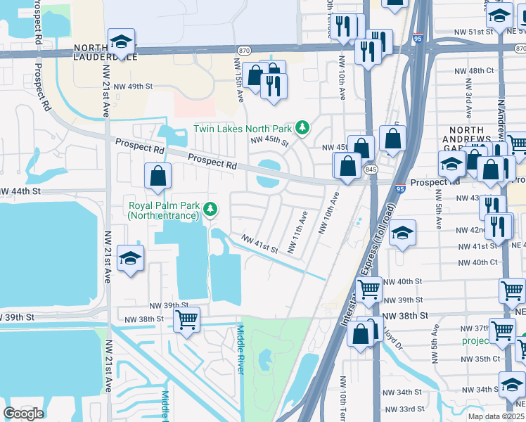 map of restaurants, bars, coffee shops, grocery stores, and more near 1300 Northwest 42nd Street in Oakland Park