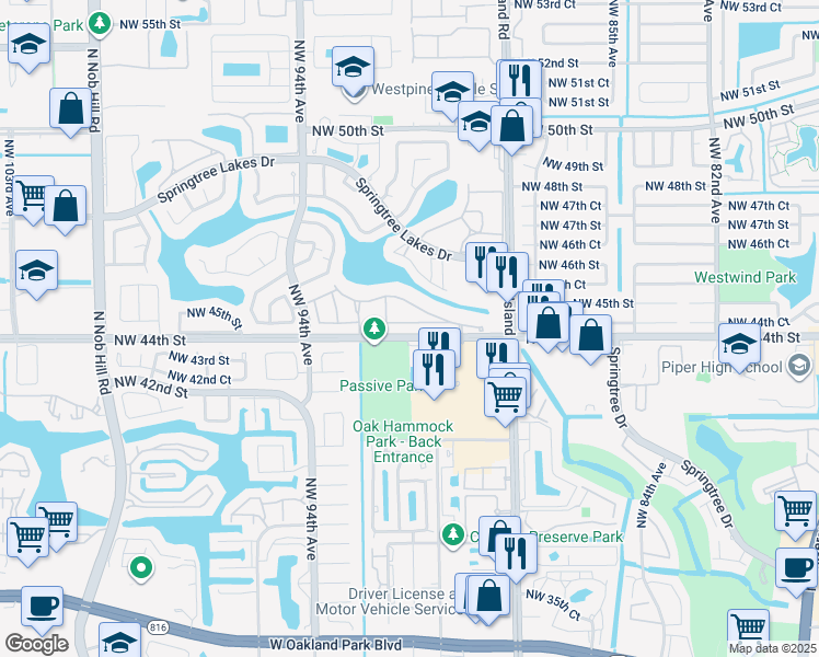 map of restaurants, bars, coffee shops, grocery stores, and more near 9158 Northwest 44th Court in Sunrise